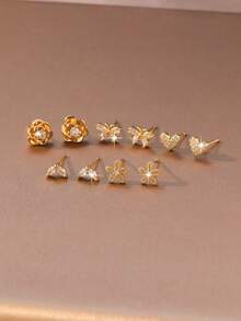 10件/套暖金色甜美7日耳环礼盒装，5对独特锆石心形/花朵/蝴蝶结耳环套装，精致通勤款，ins风，适合日常搭配/节日礼物，小众礼盒包装，美白处理，耳环款式不重复 - 耳環套裝 - 查看 4