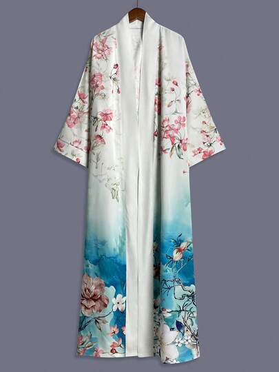 Bohemian Floral Print Mid-Length Long Sleeve Kimono Cover Up Thin Jacket, Elegant Casual Coverup Outerwear For Women, Beach/Travel/Resort, Lightweight Haori Robe With Sash And Pockets