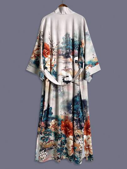 波西米亚风仙鹤花卉印花长袖和服式罩衫，轻薄外套，优雅休闲沙滩罩衫，轻盈睡袍，配腰带