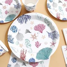 海洋主题一次性餐盘、餐巾纸和杯子套装，可供10位客人使用，适合生日、婚礼、派对、家庭野餐等场合。 - 彩色 - 查看 5