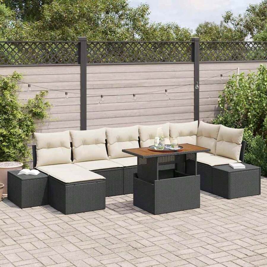 vidaXL 8-Teiliges Garten-Sofa-Set Mit Kissen In Schwarz Und Creme - Schwarz - Übersicht 1