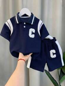 M.Dian xi Conjunto de camisa polo de manga corta y pantalón corto informal y deportivo de estilo coreano para niño pequeño - Azul Marino - Ver 2