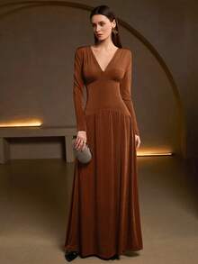 Women's Elegant High Stretch V-Neck Ruched Bust Knit Maxi Dress – Ideal For Date Night, Romantic Holidays, Office Party & Spring Event Looks - Coffee Brown - View 1