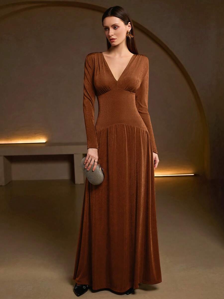 Women's Elegant High Stretch V-Neck Ruched Bust Knit Maxi Dress – Ideal For Date Night, Romantic Holidays, Office Party & Spring Event Looks - Coffee Brown - View 1