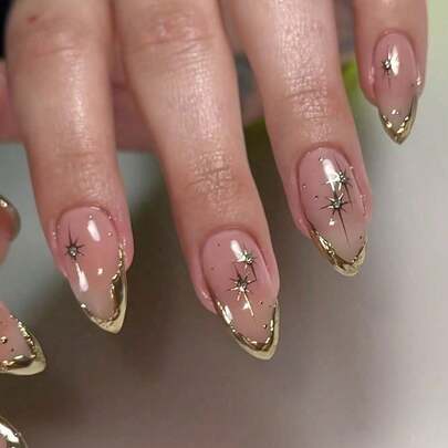 10pcs Handmade Almond Shaped Golden French Tip Starburst Luxury Press-On Nails - Medium Length, Glossy Finish, Elegant 3D Golden Star & Gemstone Design For Sophisticated Manicures, Nail Art Supplies