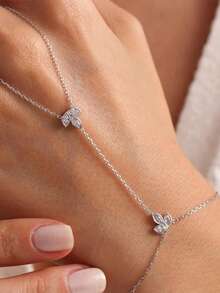 Bestselling Valentine's Day Lotus Finger-Linking Bracelet, Minimalist & Exquisite Bohemian Rhinestone Hand Chain For Women, Bridal Hand Jewelry - Silver - View 1