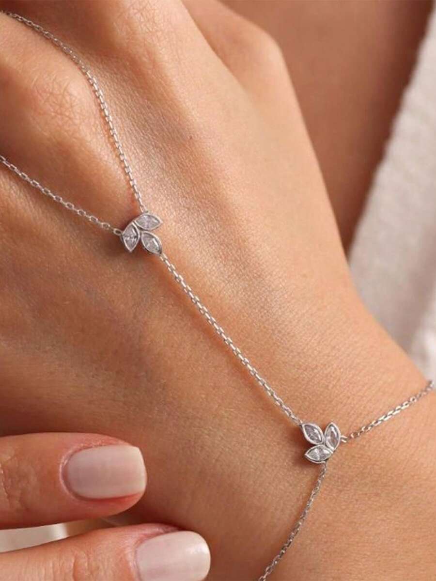 Bestselling Valentine's Day Lotus Finger-Linking Bracelet, Minimalist & Exquisite Bohemian Rhinestone Hand Chain For Women, Bridal Hand Jewelry - Silver - View 1
