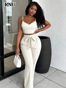 RNU Women's Apricot Elegant Gathered Bra Cup Bowknot Camisole, Paired With Elastic Waist Straight Leg Pants, 2-Piece Casual Outfit Suitable For Holiday, Beach, Valentine's Day, Carnival, Commuting, Office, Spring/Summer - Apricot - View 3