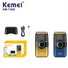 ماكينة حلاقة لحية كهربائية محمولة KEMEI KM-T389، ذات شفرات مزدوجة عالية السرعة وقابلة للغسل IPX5، شحن USB مناسبة للاستخدام المنزلي والسفر - أصفر - مشاهدة 1
