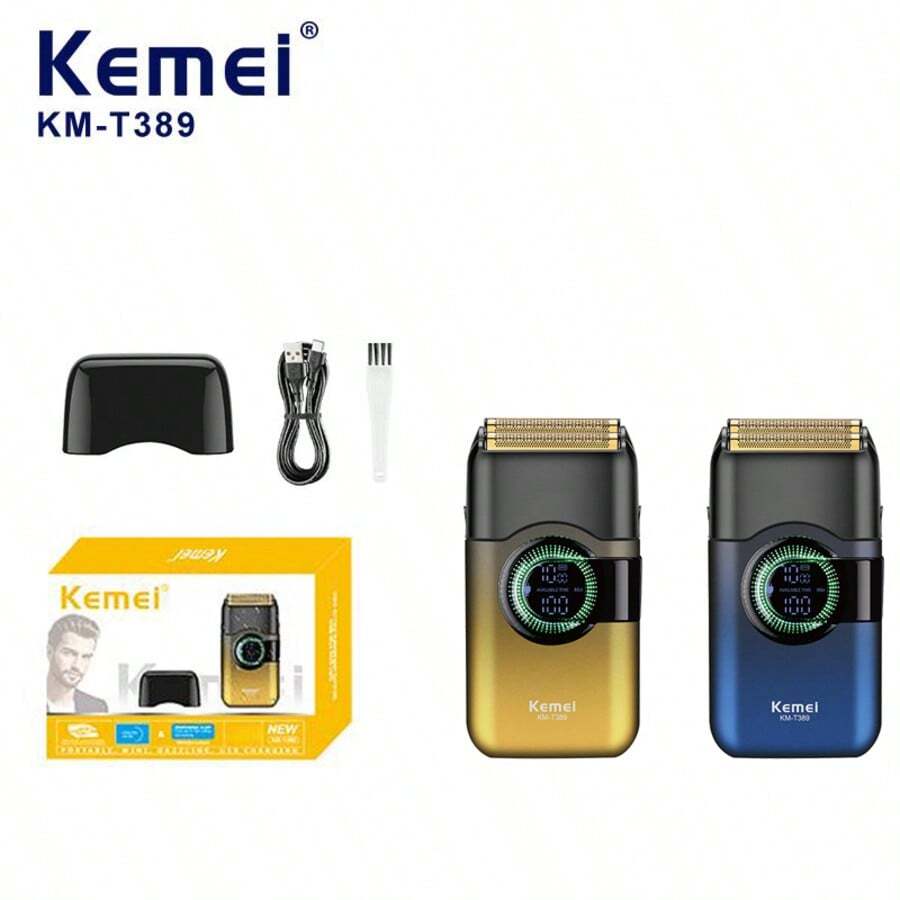 ماكينة حلاقة لحية كهربائية محمولة KEMEI KM-T389، ذات شفرات مزدوجة عالية السرعة وقابلة للغسل IPX5، شحن USB مناسبة للاستخدام المنزلي والسفر - أصفر - مشاهدة 1