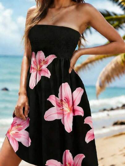 Women's Floral Patchwork Strapless Tube Top Summer Dress, Vacation Beach Cover-Up Elegant