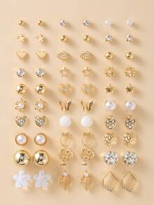 30 Pairs Elegant Minimalist Metal Faux Pearl Flower, Heart, Bow Stud Earrings Set, Gift For Women - Yellow Gold - View 1