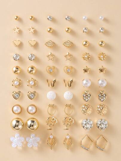 30 Pairs Elegant Minimalist Metal Faux Pearl Flower, Heart, Bow Stud Earrings Set, Gift For Women