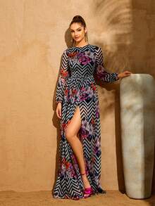 LOVE&LEMONADE 女士长袖圆领花卉几何印花雪纺高开衩连衣裙，适合婚礼和春季穿着 - 彩色 - 查看 3