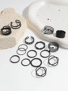 16 st moderiktiga ringar i gatustil, minimalistiska fingerringar i legering, vintage-set med enkel indiestil för kvinnor - Svart - Visa 3