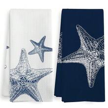 Coastal Starfish Beach Decor Dish Hand Tea Towels For Bathroom Kitchen, Blue Starfish Ocean Nautical Beachy Bathroom Decor, Coastal Nautical Kitchen Towels And Dishcloths Sets Of 2, 16x24Inch - 海星 - 查看 1