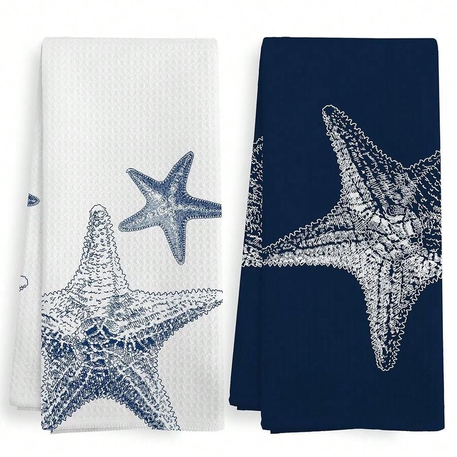Coastal Starfish Beach Decor Dish Hand Tea Towels For Bathroom Kitchen, Blue Starfish Ocean Nautical Beachy Bathroom Decor, Coastal Nautical Kitchen Towels And Dishcloths Sets Of 2, 16x24Inch - 海星 - 查看 1