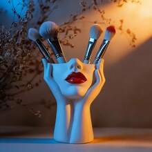 1pc Ins Style Abstract Minimalist Nordic Makeup Brush Holder With Face Rest Design, Desktop Storage Organizer Vase - White - View 6