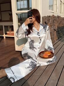 1套豹纹百搭简约通勤女式长袖睡衣套装 - 白色 - 查看 2