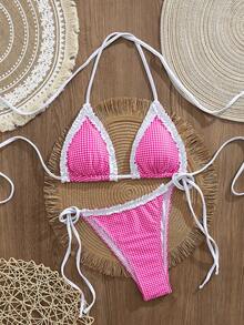 Bộ bikini chấm bi và kẻ caro kiểu retro dành cho nữ, thích hợp cho các buổi đi chơi, kỳ nghỉ, lễ hội âm nhạc, tiệc bể bơi, lễ hội hóa trang và các dịp hè khác ở bãi biển. - Hồng 2 - Xem 5