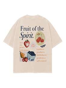 1PC Y2K Vintage Washed T-Shirt | Men's Graphic Tee | Fruit Of The Spirit Vintage Tee | 100% Cotton Washed Christian Shirt, Uplifting Scripture Gift For Youth Group - 杏色 - 查看 1