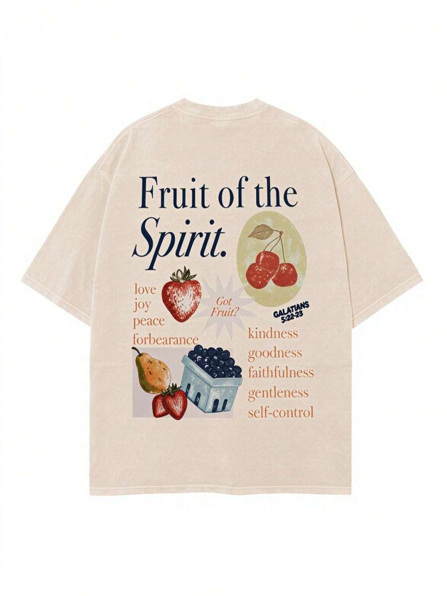 1PC Y2K Vintage Washed T-Shirt | Men's Graphic Tee | Fruit Of The Spirit Vintage Tee | 100% Cotton Washed Christian Shirt, Uplifting Scripture Gift For Youth Group - 杏色 - 查看 1