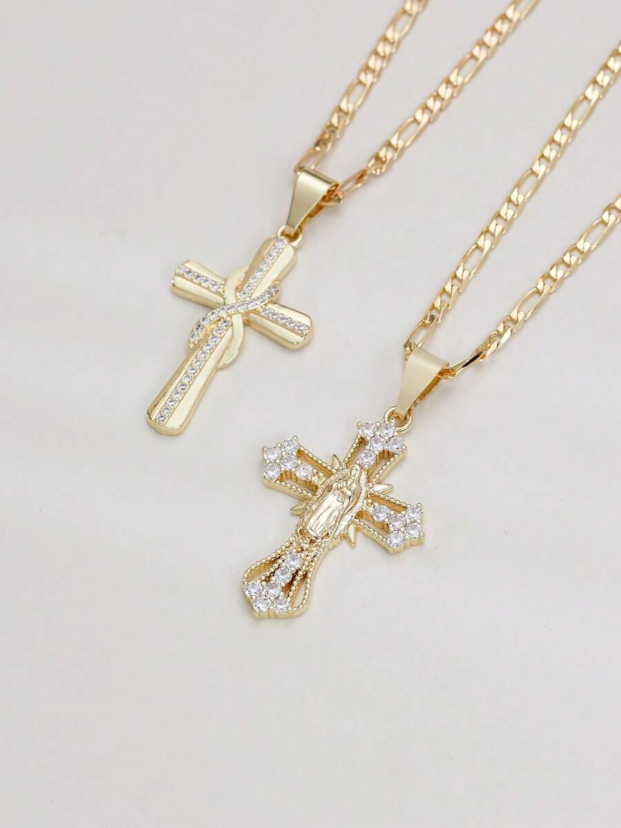 Religious Pendant| Virgin Mary Cross Necklace| Elegant 14K Gold Plated Hollow-Out Suitable A Meaningful And Stylish Accessory To Express Faith Personal Style, Perfect Daily Wear, Church Services - Gold - View 1