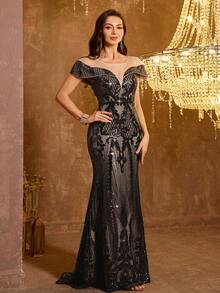 UNITHORSE [Random Cut] Deep V-Neck Mesh Patchwork Random Sequin Fishtail Hem Party Evening Dress - Black - View 6