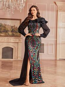 Women's Sequin Patchwork Asymmetric Neck Long Sleeve Bodycon Maxi Dress - Black - View 3