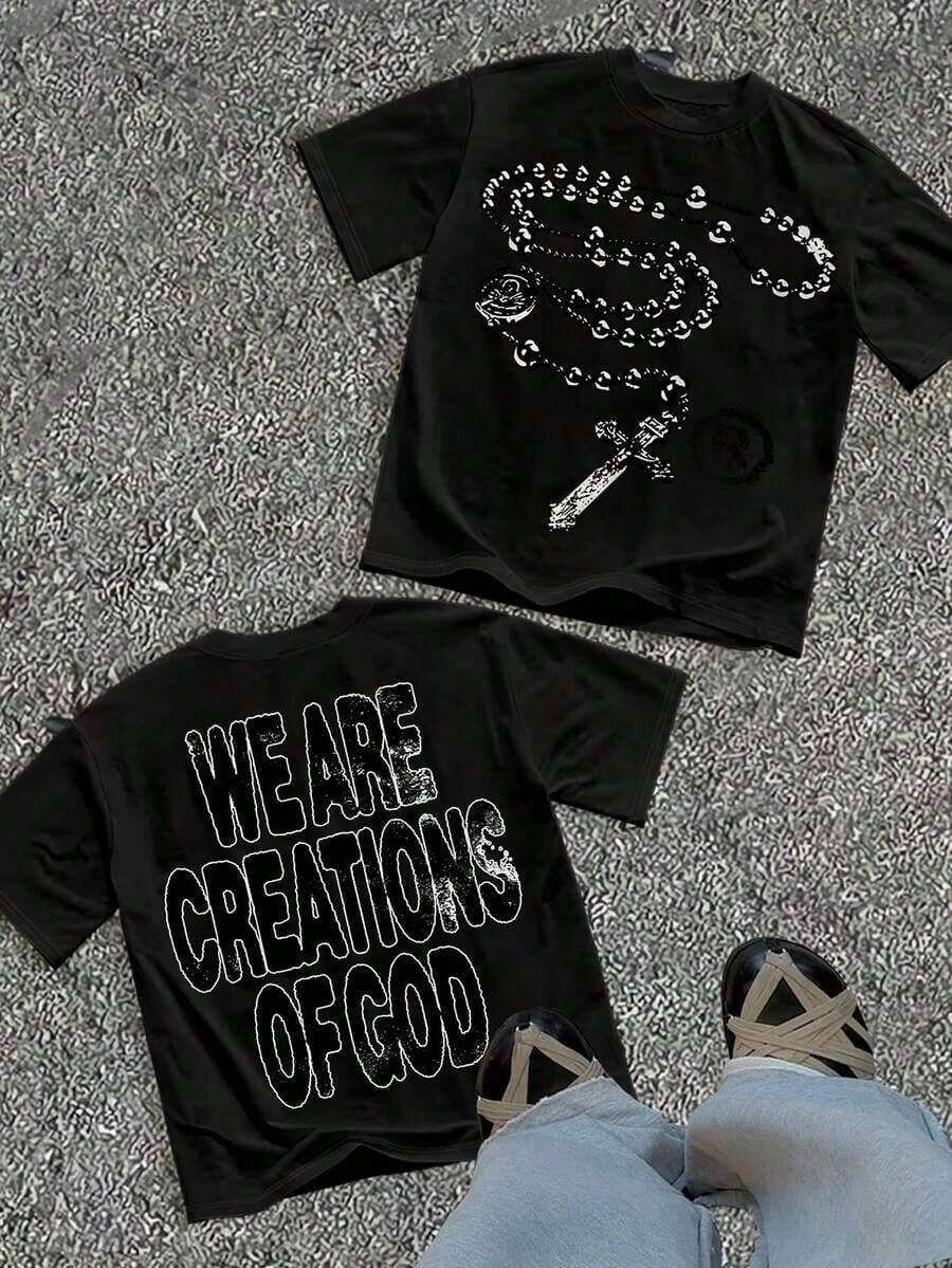Unisex "We Are Creations Of God" Graphic T-Shirt, Double-Sided Rosary Cross Print 220G Cotton Y2K Streetwear Tee Y2K Dark Aesthetic Tee Breathable & Comfortable Cotton - Black 2 - 查看 1