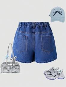 女童不对称纽扣牛仔迷你裙，适合夏季Y2K风格 - 藍色 - 查看 2