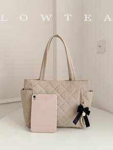 新款大容量菱格纹双提手女士单肩包，轻便易携，适合夏季户外旅行，配有挂饰，必备旅行背包 - 白色 - 查看 5