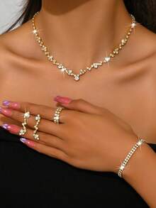 1 Set de joyería de moda: collar, aretes, pulsera, anillo elástico adecuado para uso diario de mujeres - 425783424-2 Juego de joyas de oro - Ver 20