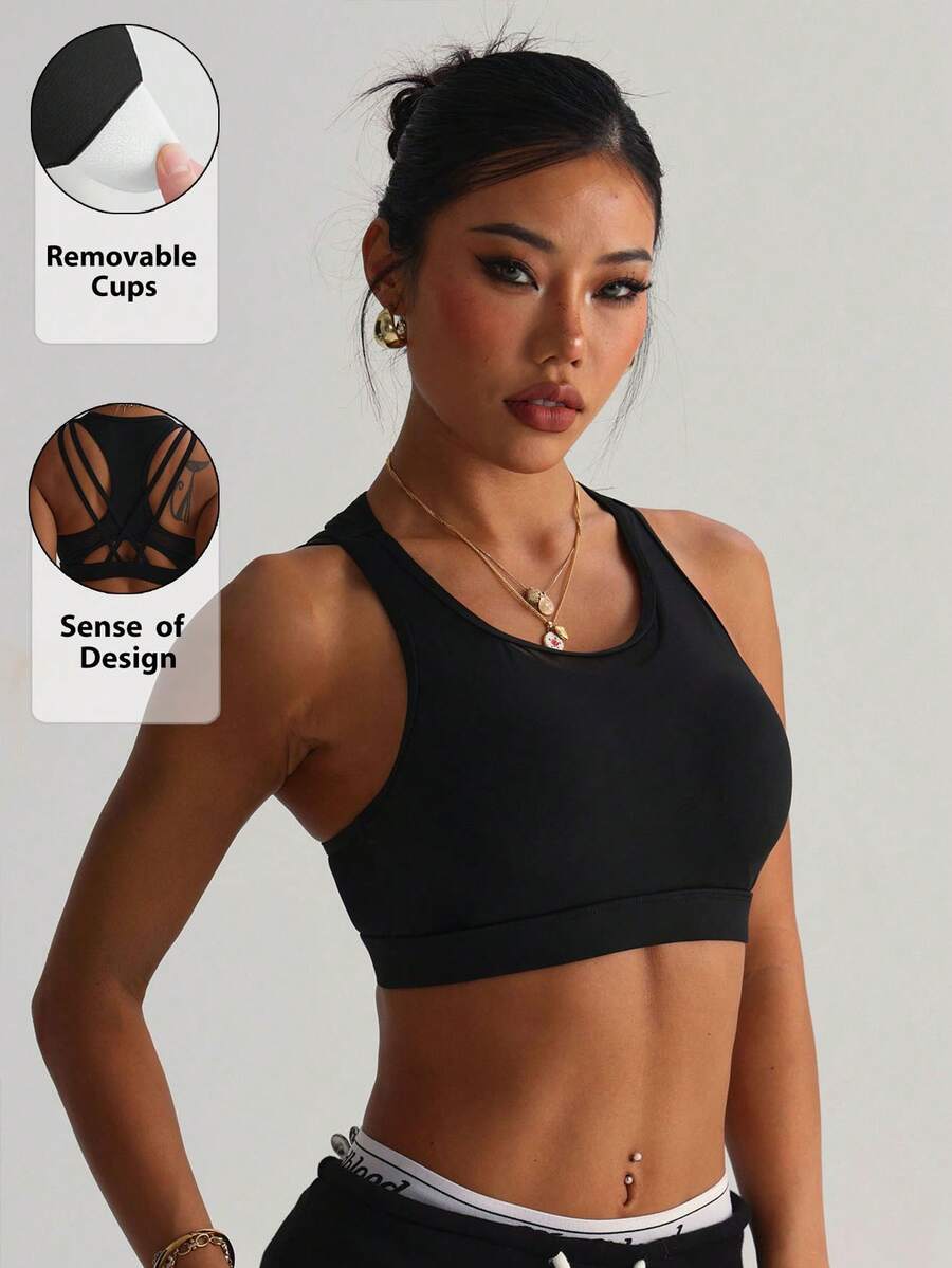 Soutien-gorge de sport en tricot à col rond amovible et rembourré, avec patchwork en maille et dos croisé, couleur unie pour femmes - Noir - Voir 1