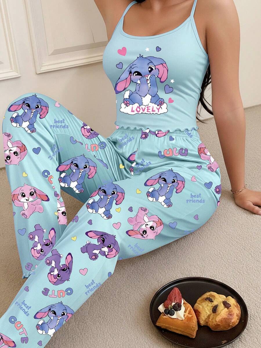 Cute Style Camisole Set: Women's Adorable Bunny Heart Letter "LOVELY" Print Camisole Top And Pants Pajamas Set, 2-Piece Aesthetic Pajama Set. - Màu hỗn hợp - Xem 1