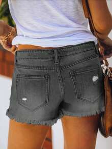 Shorts jeans femininos de cintura alta com efeito desgastado, modelo folgado para o verão com barra desfiada. - Cinza escuro - Ver 5