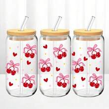 Copo de vidro de 473ml (16oz) com estampa de laço e cereja, isolamento térmico de camada dupla, canudo e tampa de madeira. Copo exclusivo para meninas, ideal para aniversários, Dia dos Namorados e outras ocasiões especiais. - Multicolorido - Ver 3