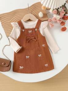 2Pcs Toddler Girls Cute & Stylish Long Sleeve Top + Bib Overall Dress Set, Lightweight For Spring & Autumn - Apricot - View 1