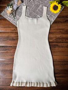 1pc Women's Summer Square Neck Ruffle Hem Fitted Sleeveless Knit Dress - Apricot - View 8