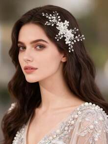 1pc Rhinestone Flower & Faux Pearl Elegant Hair Comb, Bridal Wedding Headpiece, Valentine's Day Gift - Silver - View 1