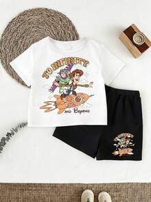 Disney Toy Story Buzz Lightyear & Woody Kids Short Sleeve Set, "TO INFINITY AND BEYOND" Themed Rocket Print Breathable Tee + Shorts Two-Piece Outfit - 白色 - 查看 3