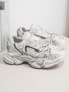 男士新款厚底运动鞋，透气网面厚底休闲运动鞋，系带款式，适合所有季节 - 白色 - 查看 2