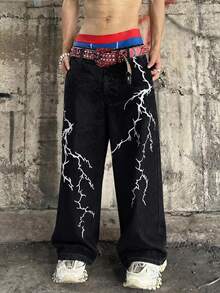 1pc Men's Infinite Jeans, American Hip Hop Street Vintage Loose Design Niche Lightning Embroidery Wide-Leg Jeans (Product Does Not Include Belt And Accessories) - Black - View 4