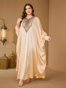 SUPGIR Plus Women's Round-Neck Long Sleeve Sequin Patchwork Waistband Satin Evening Dress - Champagne - View 4