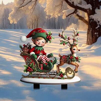 2D亚克力鹿雪人花园摆件，防水耐磨，室内/室外装饰道具