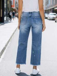 Comfortable Loose Fit Stretchy Distressed Washed Blue Frayed Hem Straight Leg Jeans For Women, Street Style - Giặt vừa - Xem 3
