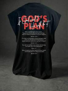 男士“上帝的计划”字母标语圣经经文图案无袖背心，休闲夏季健身街头风T恤，双面印花，基督教宗教主题，触感柔软 - 黑色 - 查看 3