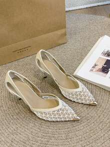 Women's Pointed Toe Glamorous Fashion Mesh Breathable Sexy Party Wedding Versatile Rhinestone Pumps - Beige - View 4
