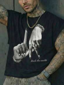 男士夏季休闲健身运动背心，街头嘻哈风格柔软手势字母图案肌肉背心 - 黑色 - 查看 2