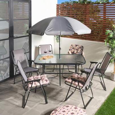 OHS 8 Piece Garden Furniture Patio Set With Parasol Outdoor 6 Folding Dining Chairs Round Tempered Glass Table Outdoor Furniture Garden Bistro Set Ideal For Dining In The Sun Grey